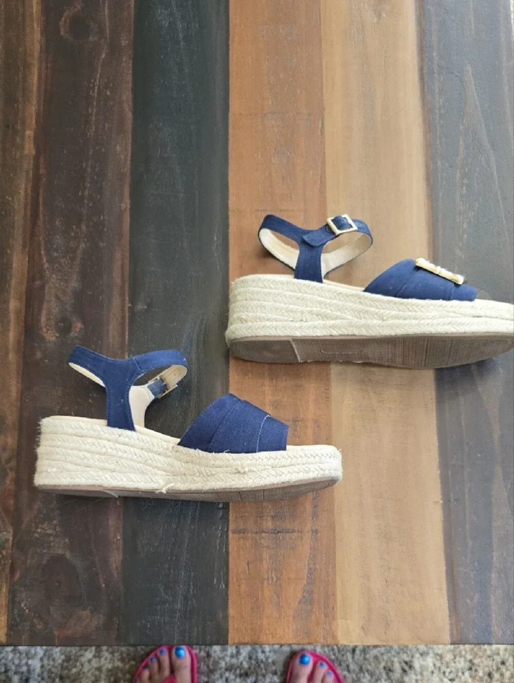 crown & ivy Navy Espadrille Sandals with Gold Buckles